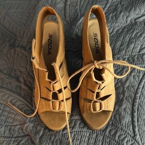 Soda Tan Sandals with Chunky Heel and Lace-Up Design